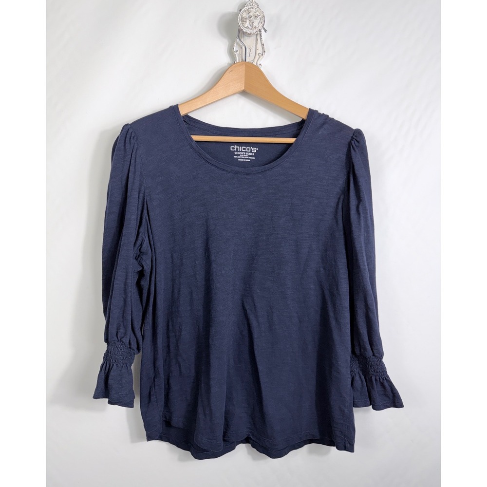Chico's Top Women Size 2 Large Navy Blue Slub Knit Puff Sleeve Smocked Ruffle